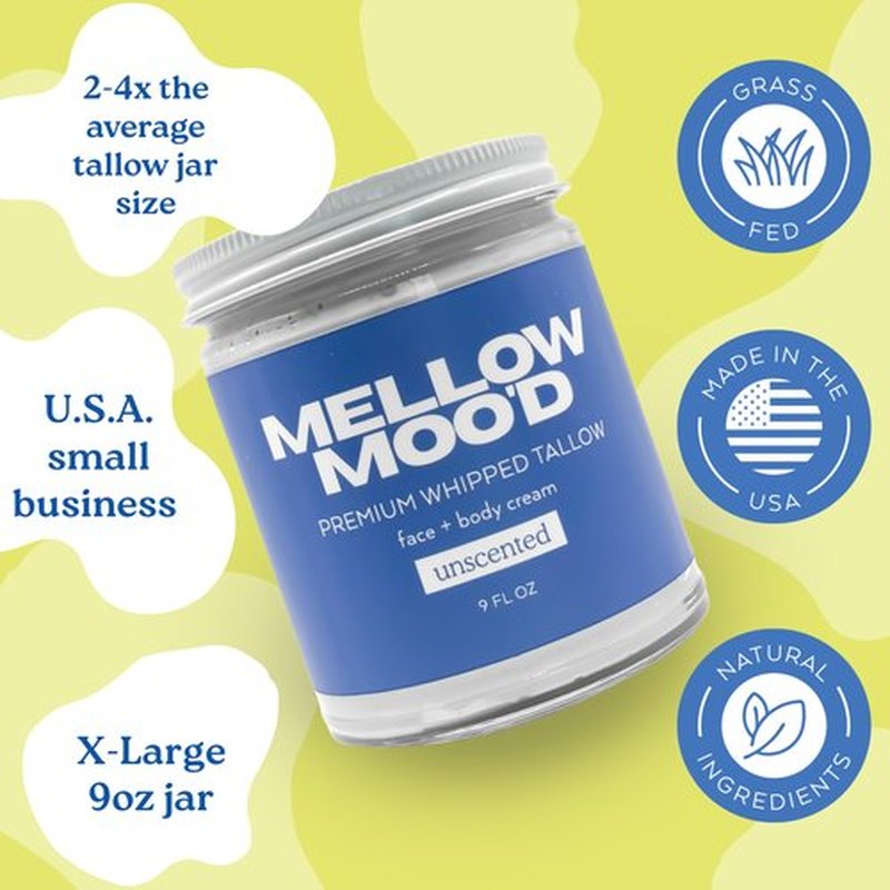 Mellow Moo'd Unscented Whipped Grass Fed Beef Tallow - Face + Body Cream - Tallow Moisturizer for Sensitive Skin - Natural Body Butter Lotion XTRA Large 9 FL OZ - Made In USA