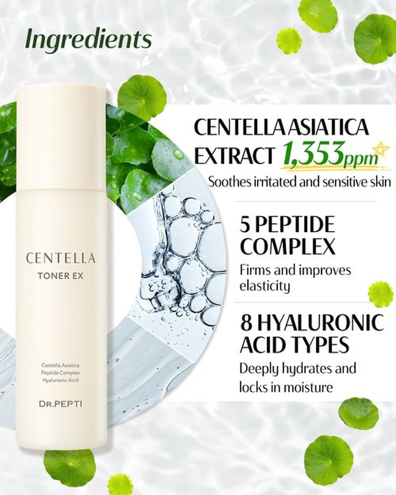 DR.PEPTI Centella Toner EX - Korean Face Toner with Hyaluronic Acid Peptides Niacinamide - Soothing Moisturizing for Dry Sensitive Skin - Milky Serum Formula, 6.09 fl.oz.