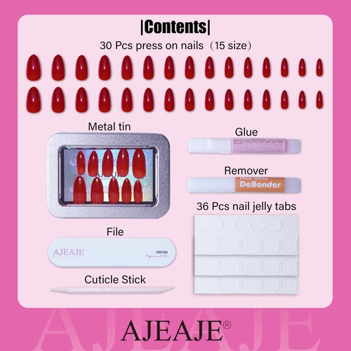 30 Pcs Medium Red Short Almond Press on Nails Full Cover False Nails for Women and Girls,Salon Acrylic,Nail Glue Included,with Metal Box,Easy Apply