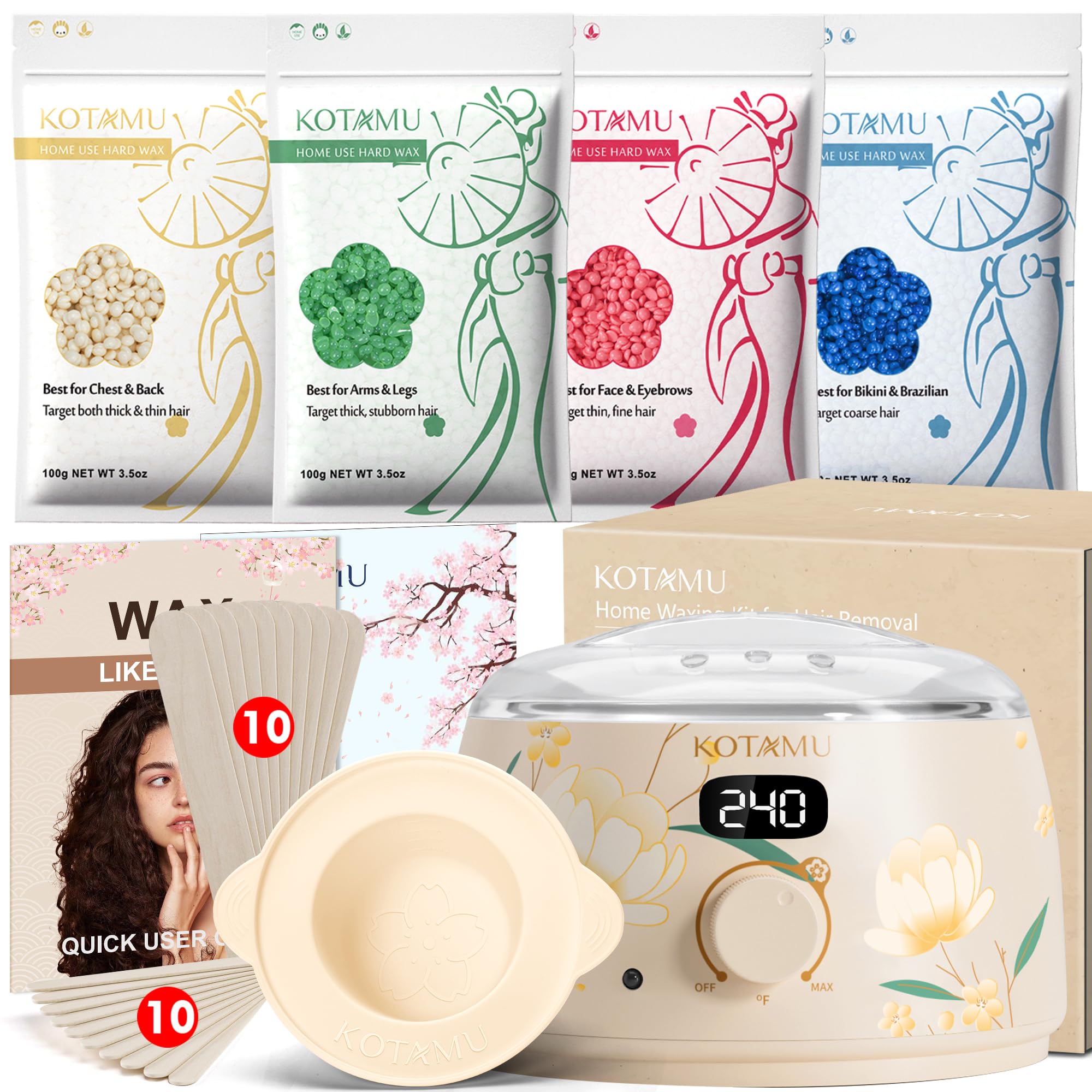 KOTAMU Waxing Kit for Women & Men, Wax Warmer for Hair Removal, Digital Wax Kit with Silicone Pot，Ideal for Face Eyebrow Arm Legs Armpit &Sensitive Skin, Bloomy Waxing Machine for Home Salon Use