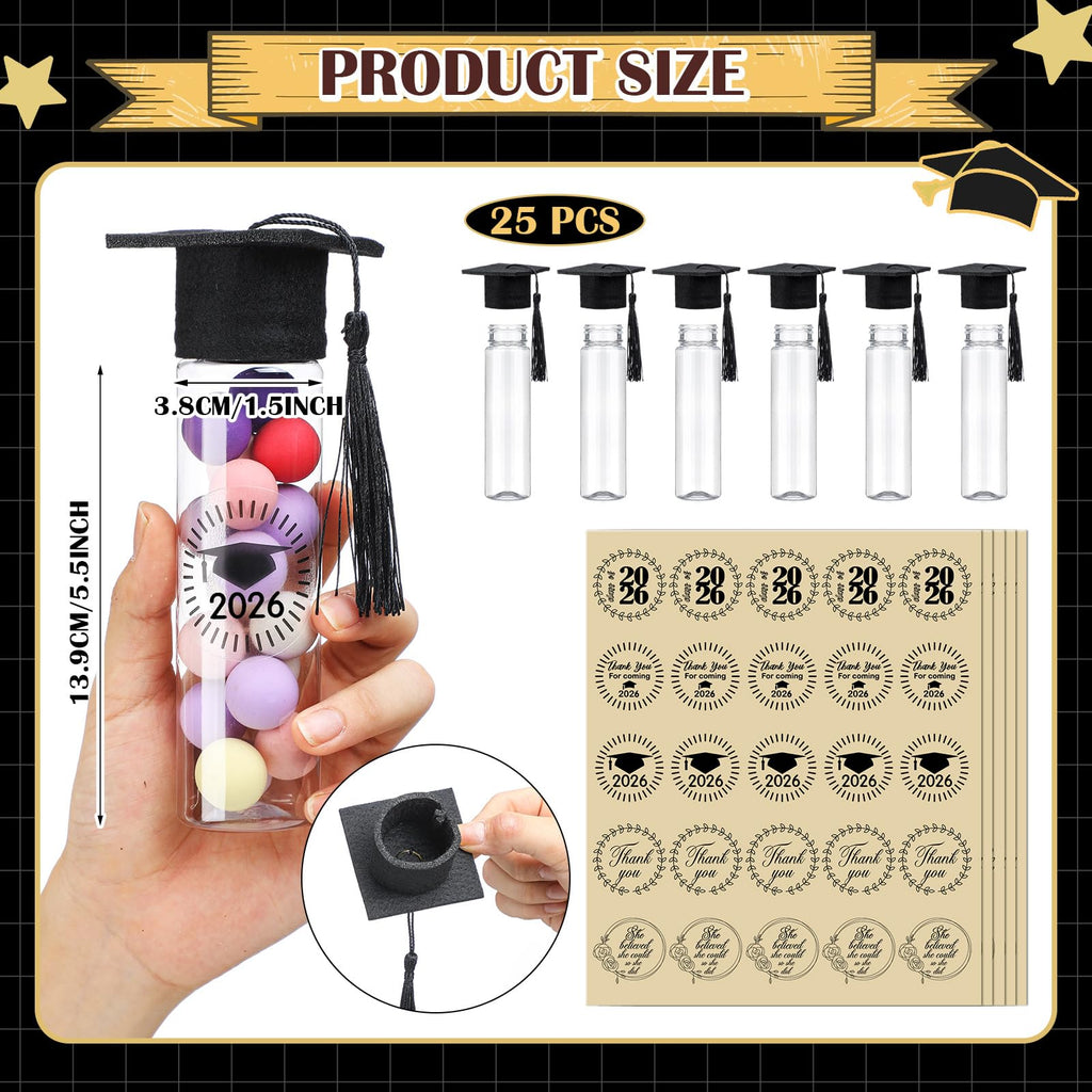 Teenyyou 25 Pcs Graduation Candy Tubes 2026 Graduation Party Favors Candy Boxes Plastic Grad Cap Jars Container with Tassels and Stickers for DIY Grad Table Party Favors (Black)