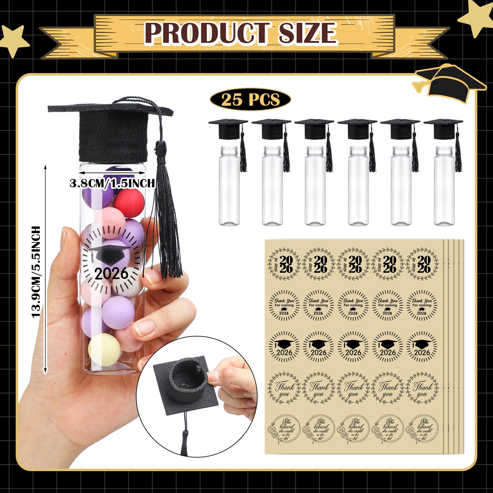 Teenyyou 25 Pcs Graduation Candy Tubes 2026 Graduation Party Favors Candy Boxes Plastic Grad Cap Jars Container with Tassels and Stickers for DIY Grad Table Party Favors (Black)