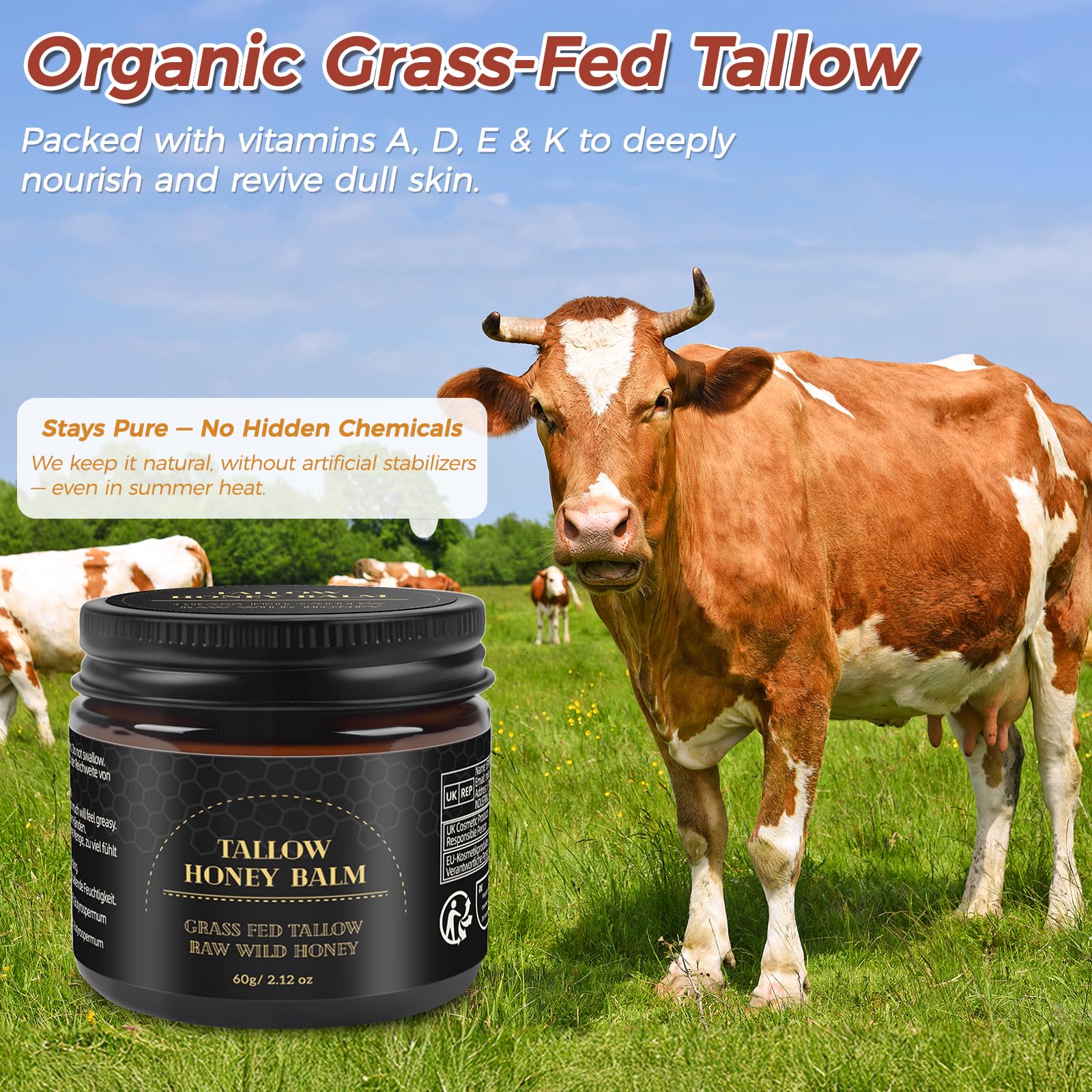 Mokasakiso Beef Tallow for Skin,Tallow and Honey Balm,Organic Grass-Fed Beef Tallow Balm with Honey, Face and Body Moisturizer(60g)