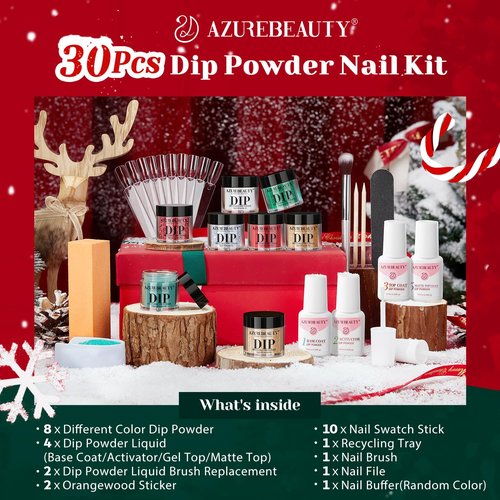 AZUREBEAUTY 30Pcs Dip Powder Nail Kit Starter, 8 Colors Green Red Gold Silver White with Nail Sticks, Nail Art Liquid Set with Matte/Base/Top Coat Activator for French Manicur