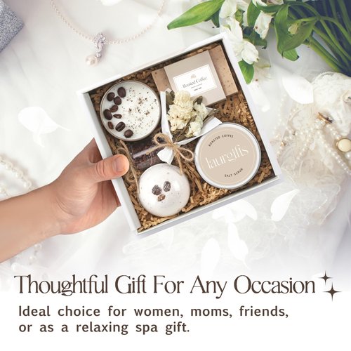 Spa Gift Basket for Women – Small Coffee Scented Candle Set with Bath Bomb & Salt Scrub | Handmade Spa Box Present, Birthday & Housewarming Gift for Her