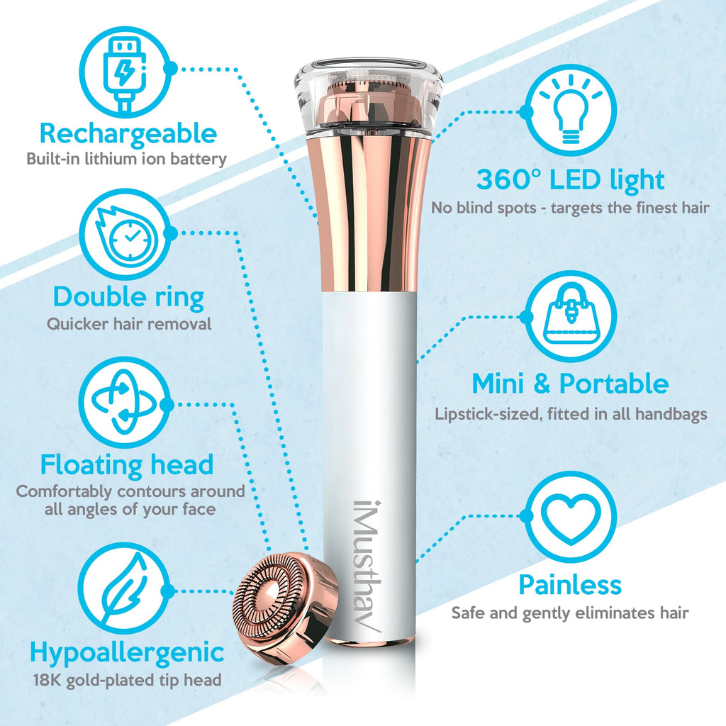 Facial Hair Removal for Women, Rechargeable 16mm Dual Ring Floating Head Blade Painless Electric Face Hair Remover, Face Shaver Razor & Trimmer for Upper Lip, Chin, 18K Gold-Plated / 360°LED Light