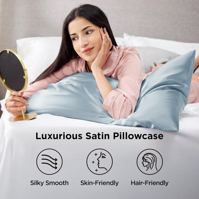 Bedsure Satin Pillowcases - Luxurious Silk-Like Queen Size Set of 2 | Stone Blue, 20x30 Inches