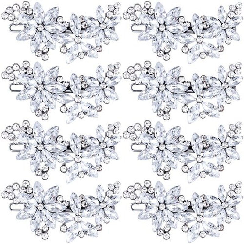PAGOW Silver 8 Pcs Crystal Flower Hair Clips, Wedding Hair Accessories for Brides Women Girls, Rhinestone Flower Headpiece