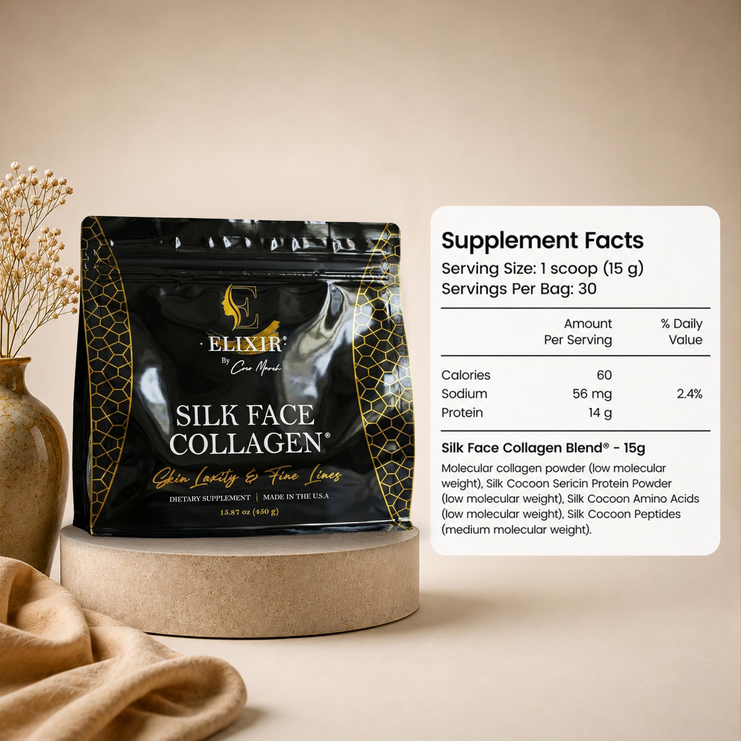 Silk Face Collagen - Collagen Peptides Powder for Women, Face and Neck 14g Protein | Ultra Low Molecular Weight Collagen – for Skin, Hair, Nail, Joint & Gut Health, 15.87 oz (450g) Cocó March