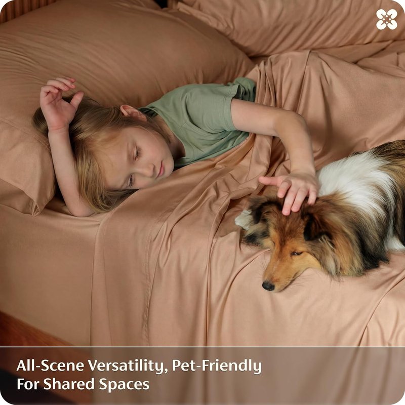Bedsure Queen Sheet Set - Cooling Rayon from Bamboo | Breathable, Soft & Silky Bedding - Khaki, Deep Pocket Up to 16 Inches