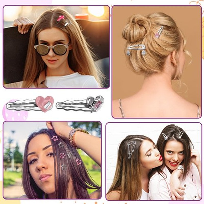 Hoemwarm 48 Pcs Y2k Hair Clips Set for Girls,Pink Kawaii Star Hair Clips 2000s Non Slip Accessories Styling Tools Retro Cross Love Pentagram Cool Hair Barrettes Kids Women