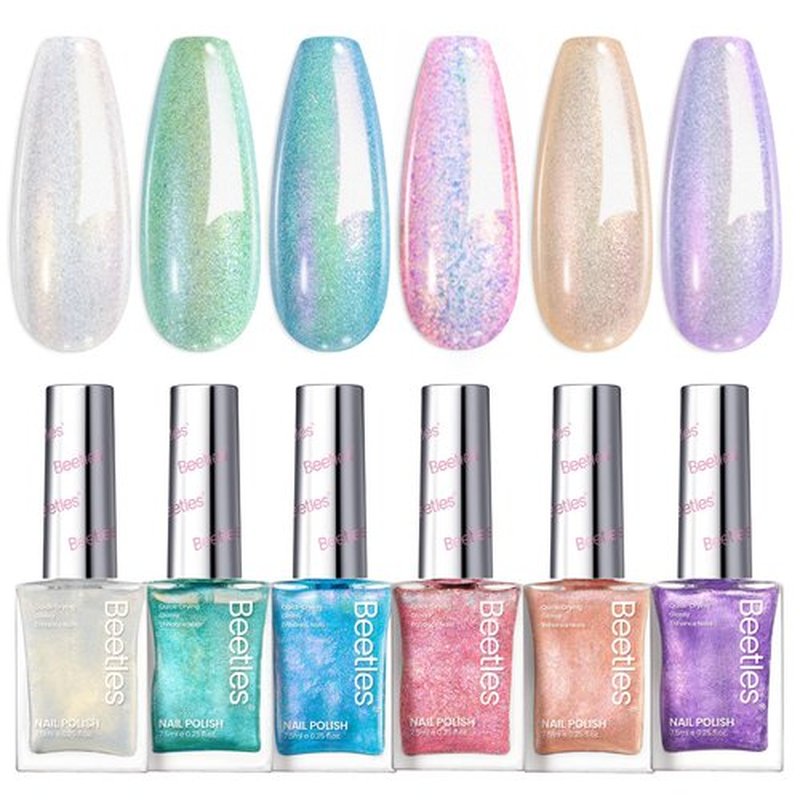 Beetles Glitter Nail Polish Set, 6 Colors Dreamy Pastel Pearl Quick Dry Nail Polish Kit, Long Lasting Shine DIY Manicure Gift for Women Girl Christmas Nail Art