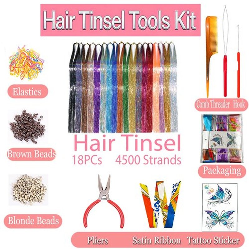 Celinabella 18 Colors Hair Tinsel Kit with Tools, 47 Inch Heat Resistant Reusable Sparkle Hair Extensions for Festivals, Weddings, Halloween & Daily Wear