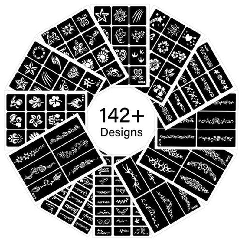 12 Temporary Tattoo Stencils,142 PCS Henna Stencils Reusable Tattoo Stencils for Face Body Art Painting for Women Men Adults Kids