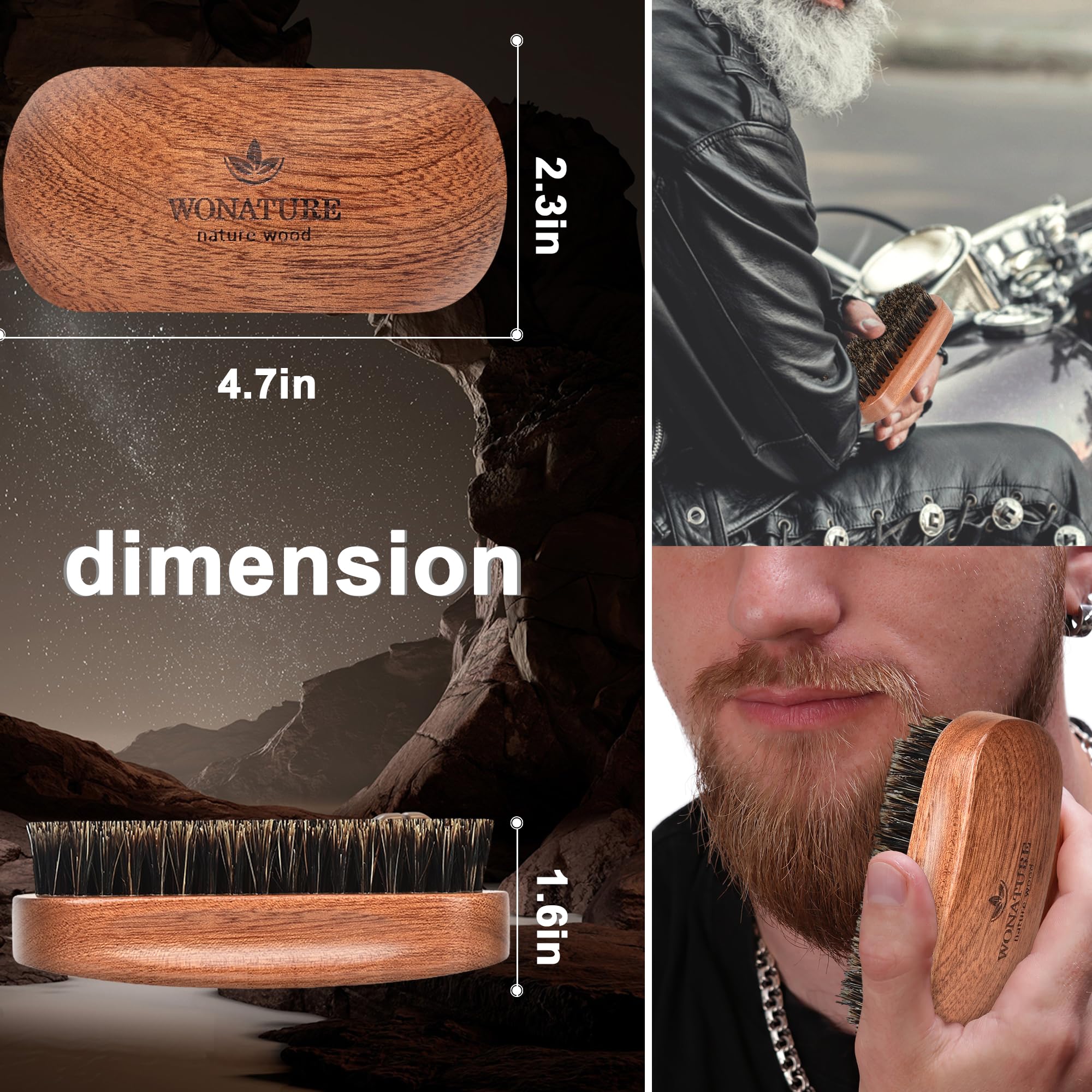 Wonature Beard Brush - Men's Beard Care Tool Set with Wooden Sandalwood Comb & Travel Pouch, Styling & Detangling Travel Kit for All Beard Types