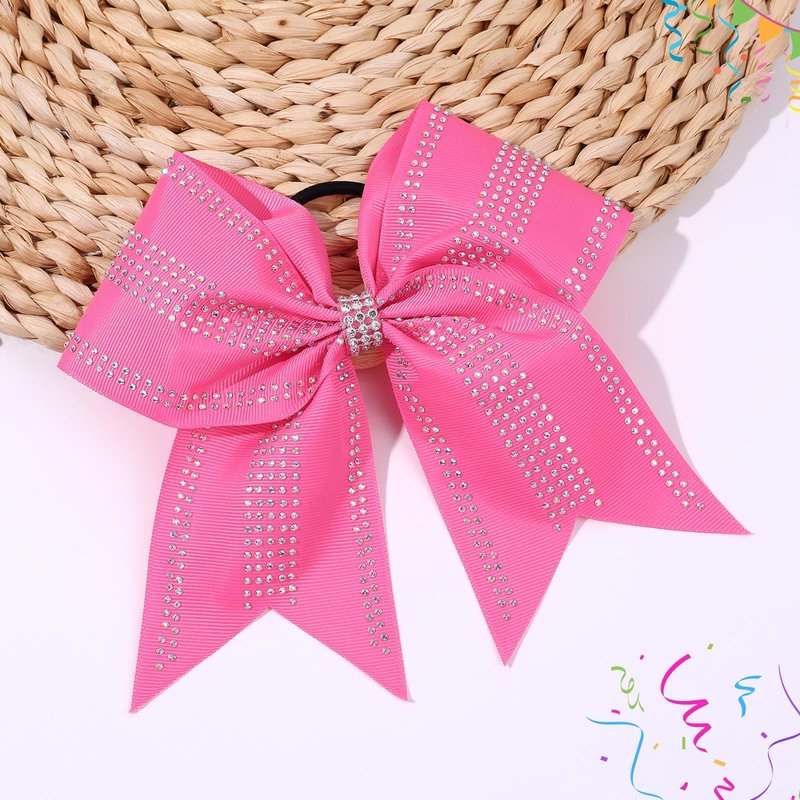 VOBOBE 12PCS Large Cheer Hair Bows for Cheerleader, Pink 8" Glitter Rhinestones Grosgrain Ribbon Elastic Band Ponytail Holder Hair Tie for Cheerleading Soccer Basketball Sport Competitions (Pink)
