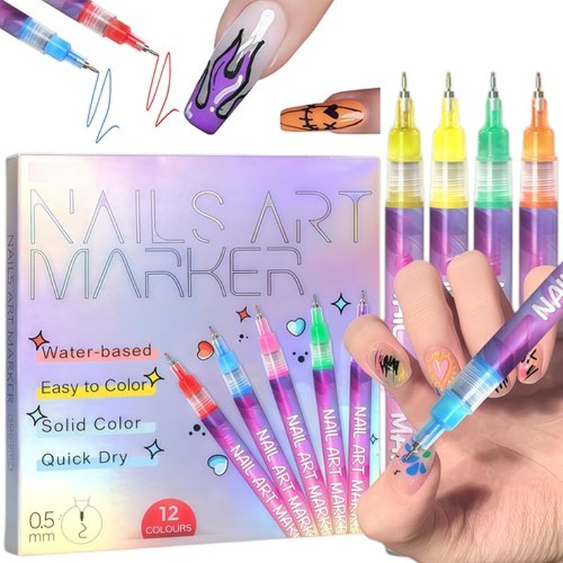0.5 MM Nail Art Pens Set 12 Colors, 3D Nail Polish Pens Waterproof and Quick-drying, Drawing Painting Point Liner Acrylic Painted Pen Kit for Home Salon, Nail Art Pen Kit for Beginners (12 Colors)