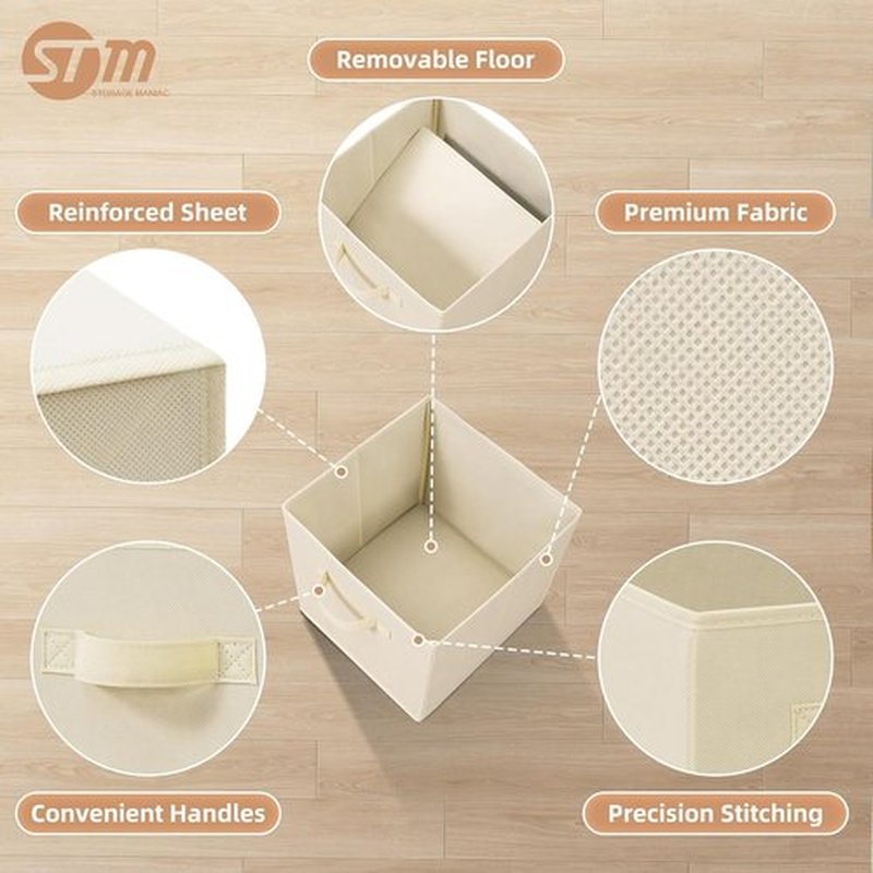 Storage Maniac Storage Cubes - 11 Inch Collapsible Bins with Handles | 6 Pack Durable Beige Fabric Organizers