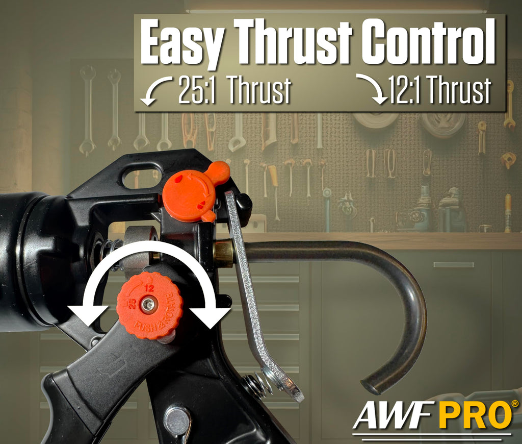 AWF PRO 29 oz Dual Thrust Caulk Gun, 25:1 or 12:1 Thrust Ratio, No Drip, Rotating Barrel, Comfort Grip, with Built-In Puncture Tool