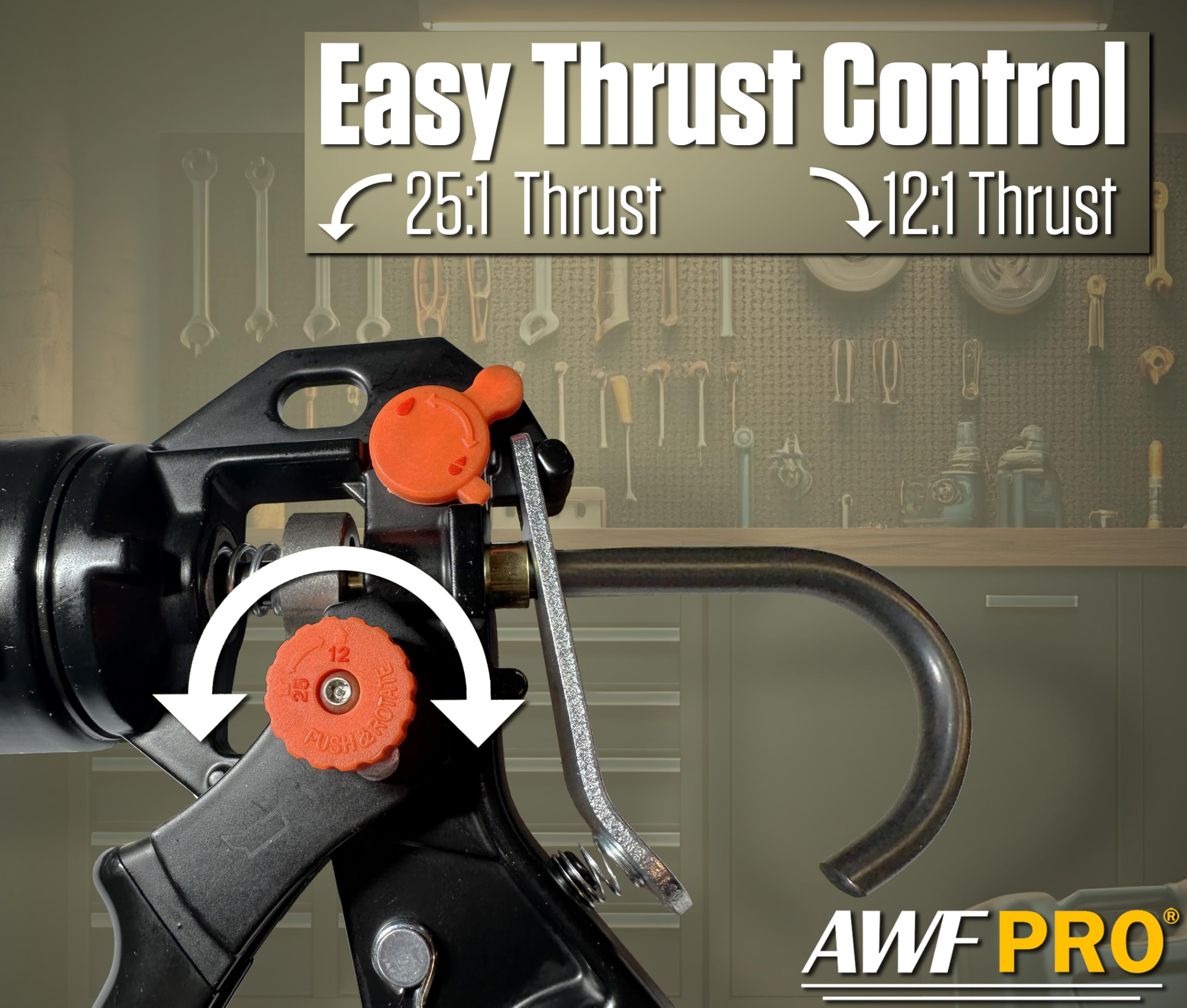 AWF PRO 29 oz Dual Thrust Caulk Gun, 25:1 or 12:1 Thrust Ratio, No Drip, Rotating Barrel, Comfort Grip, with Built-In Puncture Tool