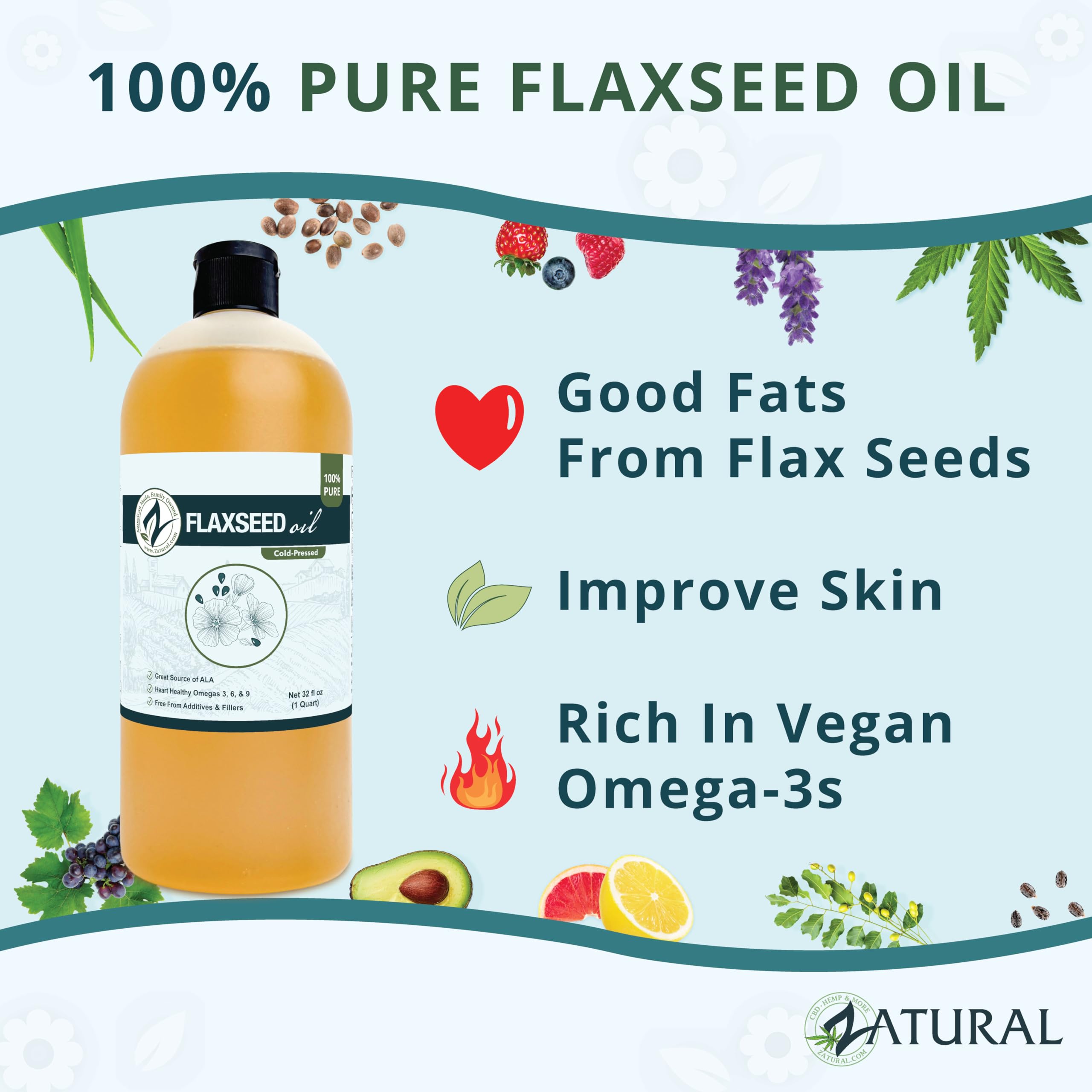 Zatural Cold Pressed Flaxseed Oil – 100% Pure Non-GMO Liquid Flax Seed Oil, Vegan Omega-3 ALA Rich, Perfect for Salads, Smoothies, Baking, Skincare & Hair (32 fl oz Bottle)