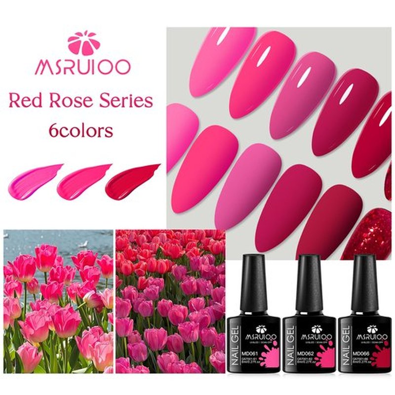 MSRUIOO Gel Nail Polish Set 6 Colors Hot Pink Rose Red Nail Gel Polish Kit Red Glitter Nail Polish Shimmer Nail Art Design DIY Home Salon Manicure Valentines' day Gifts for Women Girls