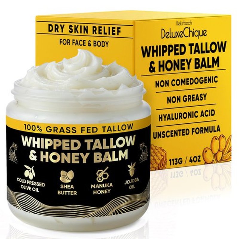 Bekirbech DeluxeChique Beef Tallow Face Moisturizer – Whipped Tallow & Honey Balm with Hyaluronic Acid, Manuka Honey, Aloe & Green Tea – Unscented Natural Skin Cream for Dry or Sensitive Skin – 4oz