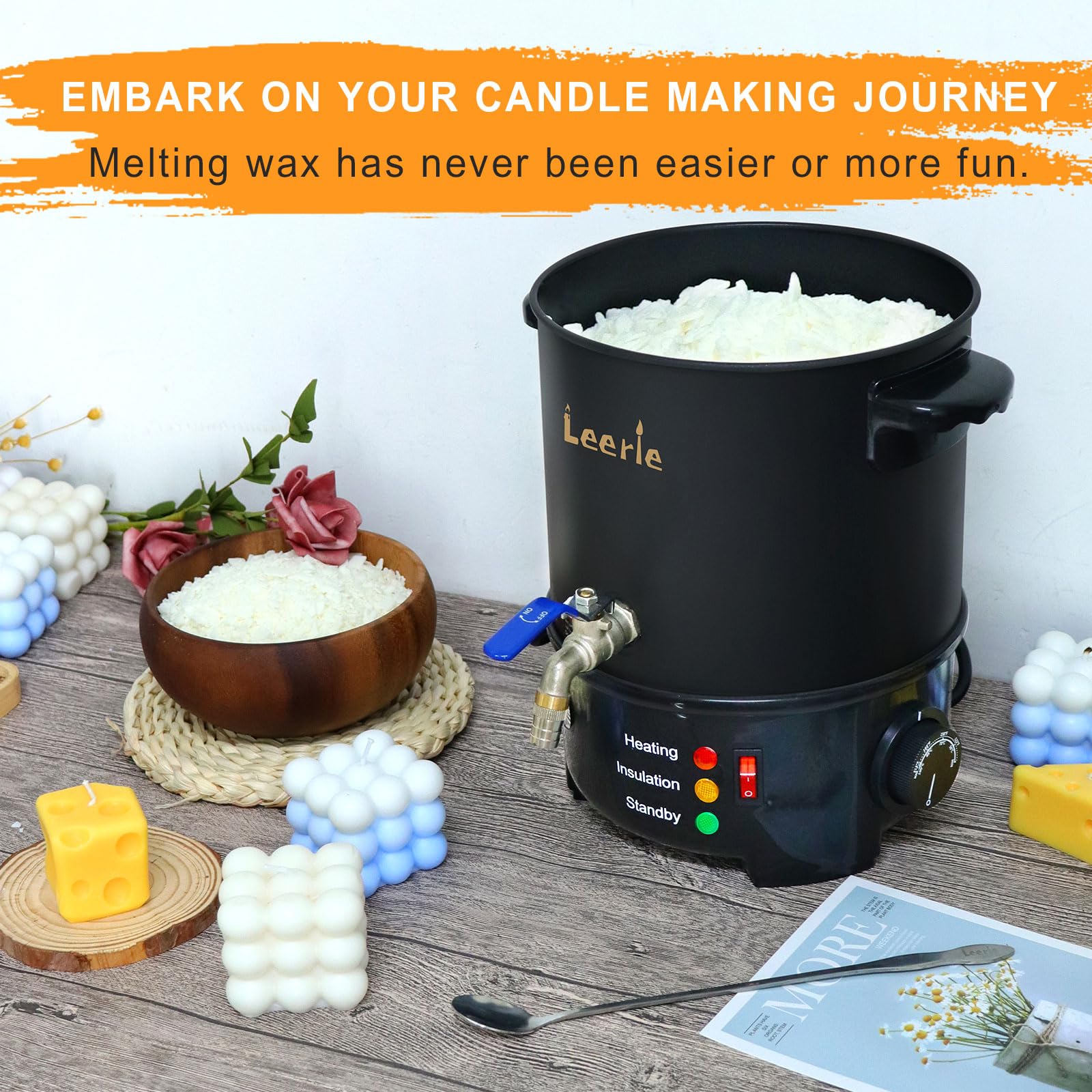 Leerie 10Lbs Wax Melter for Candle Making - L5 Candle Wax Melting Pot with Heating Core Brass Spout & Temp Control for DIY Home Business Candle Maker for Candle Making Supplies (L5-US-110V)