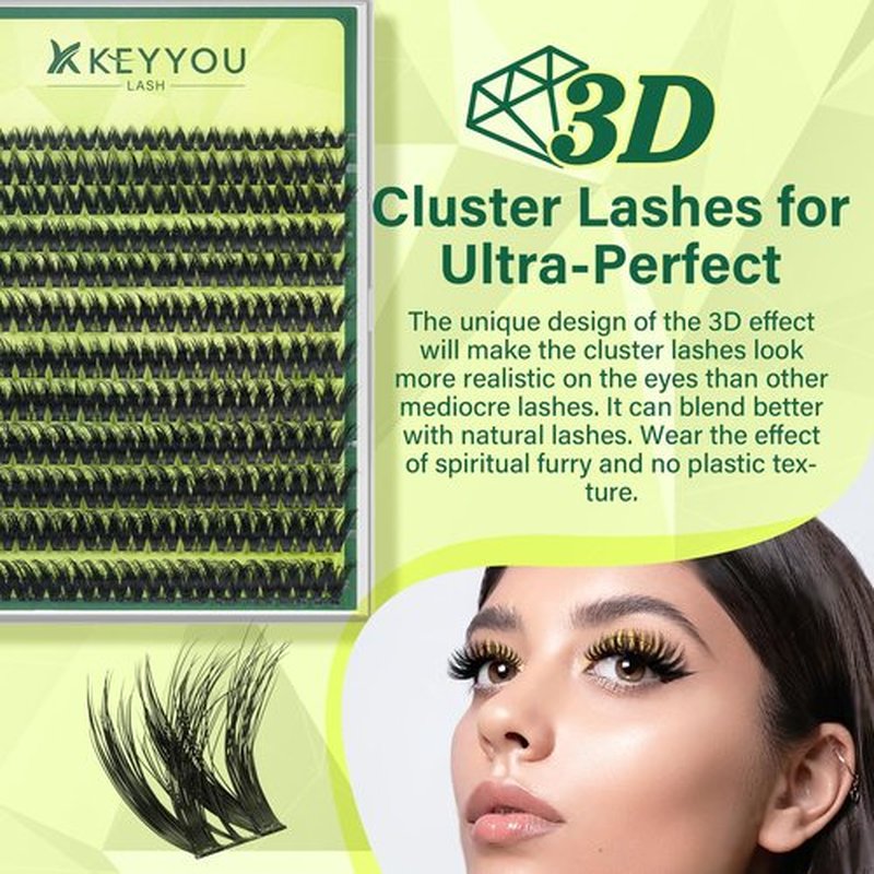KEYYOU Lash Clusters 3D Effect Volume Eyelash Clusters Flaunt Style 144PCS D Curl Flora Wispy Look LengthLock 8–18mm Mix Ultra-Thin Black Band (PuffSilk V3D01)
