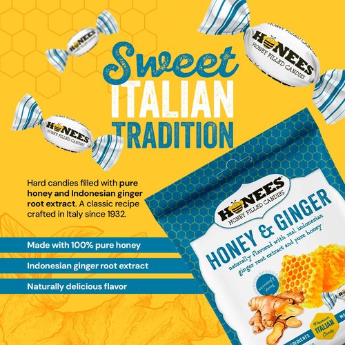Honees Honey & Ginger Hard Candy - Natural Italian Treat with Real Honey & Ginger | 2.85 oz Pack