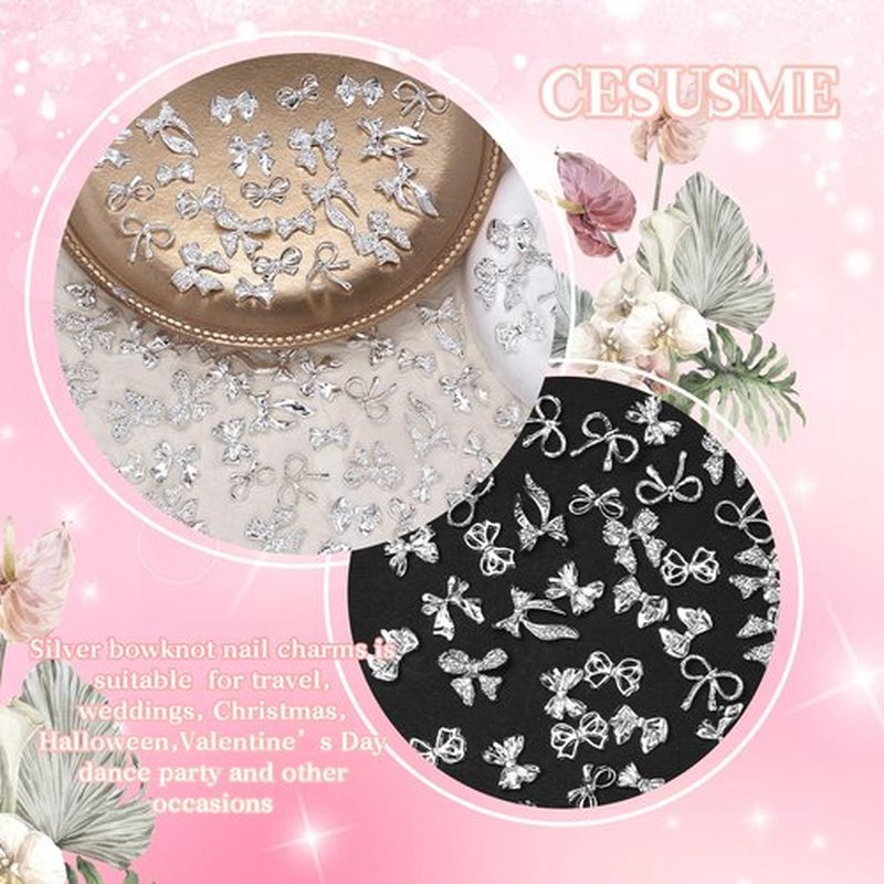 100 Pcs Silver Bow Nail Charms Y2K, 10 Styles Alloy Nail Bows Charms for Nail Art, Shiny Metal Bowknot Nail Art Charms for Nails Art Design DIY Accessories