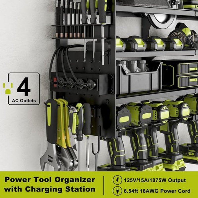 Power Tool Organizer - 12 Cordless Drill Holder with Side Pegboard & Screwdriver Storage | Heavy-Duty Metal Rack