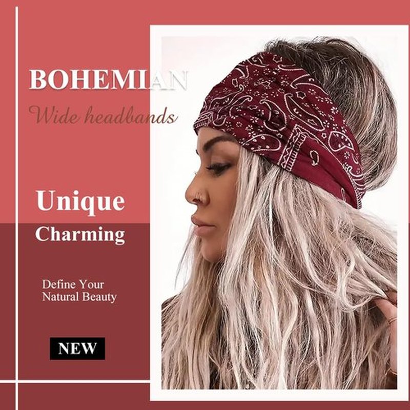 AKTVSHOW 7'' Wide Bandana Headbands for Women, Fashion Paisley Turban Headbands Non Slip Womens Large Cloth Hairbands Fabric Hair Scarves Headwrap Boho Hair Accessories