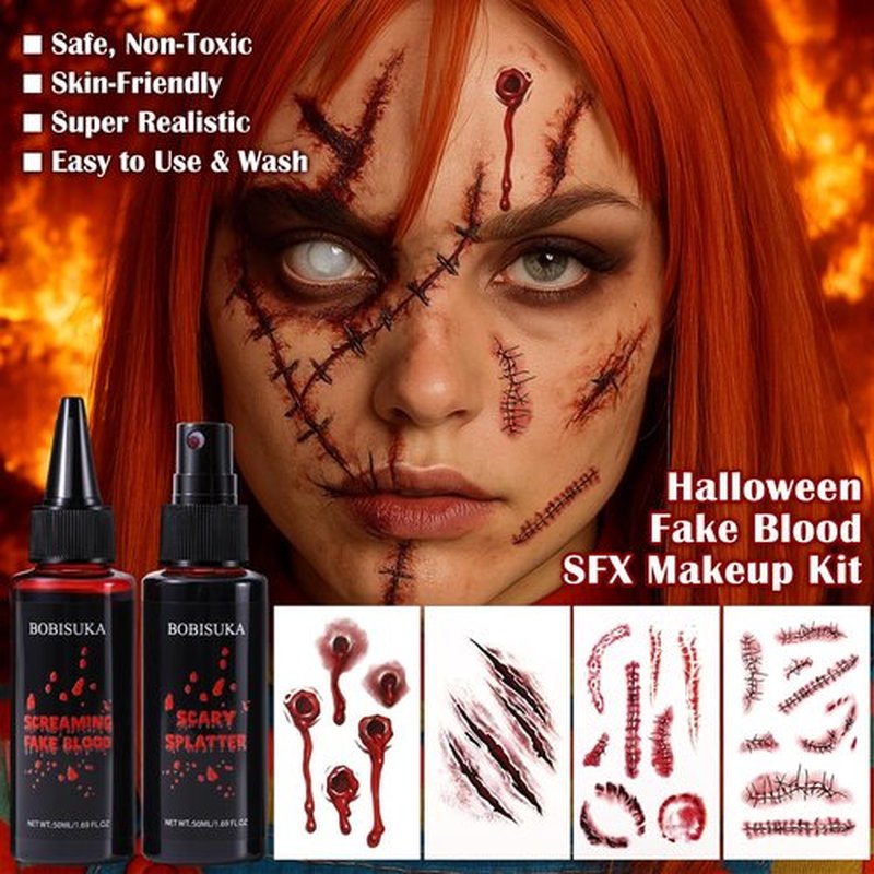 BOBISUKA Halloween Fake Blood Kit, 1.76oz Blood Spray + 1.76oz Dripping Blood + 4 Scar/Wound Face Tattoos, Realistic Washable Fake Blood Makeup for Clothes Zombie Vampire Monster SFX Costume Cosplay