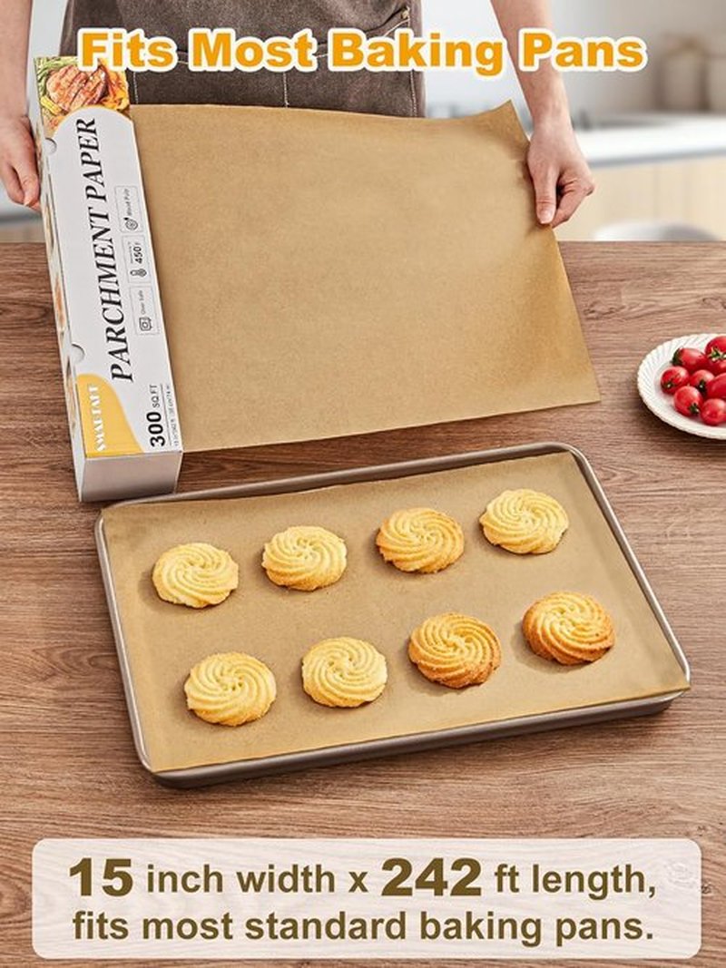 SMARTAKE Non-Stick Parchment Paper Roll - 15 in x 242 ft | Heavy Duty Baking Sheets with Slide Cutter
