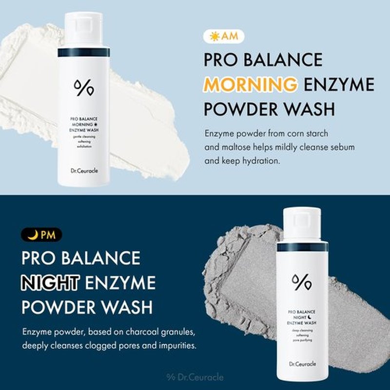 Dr.Ceuracle Pro Balance Enzyme Powder Face Wash - Korean Day and Night Natural Enzyme Powder Face Wash for Deep Pore Cleansing, Sebum Removing, pH Skin Balancing Care (Wash Duo)
