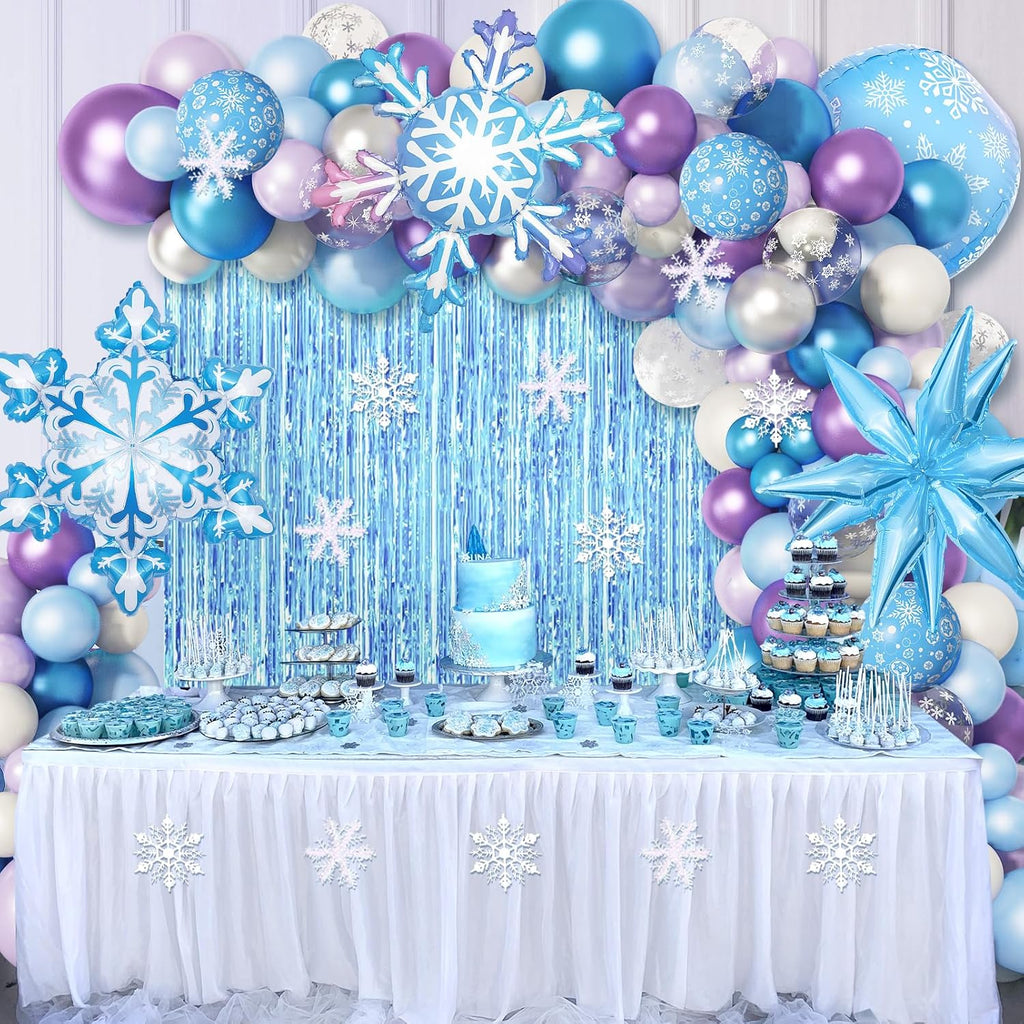 Amandir 162PCS Snow Birthday Party Supplies - Snow Balloon Garland & Fringe Curtain | Blue & Purple Winter Wonderland Decor