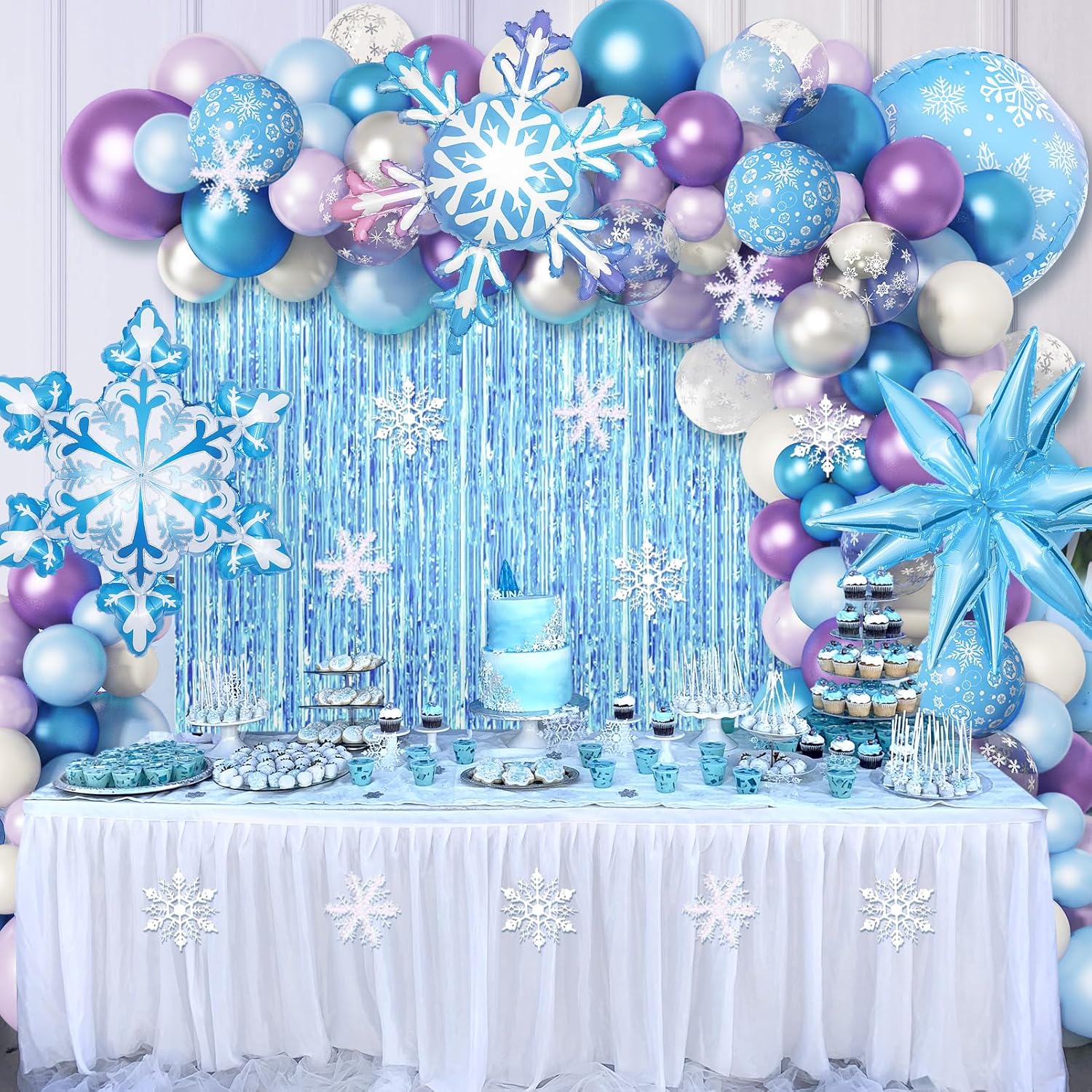 Amandir 162PCS Snow Birthday Party Supplies - Snow Balloon Garland & Fringe Curtain | Blue & Purple Winter Wonderland Decor