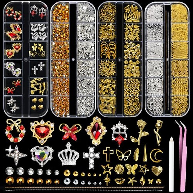 TsMADDTs Nail Charms and Gems Kit, 4 Boxes Gold Nail Charms, Gems, Flat Black Rhinestones and Beads with Manicure Tools, 3D Cross Charm Professional Art Design Tool for DIY Manicure at Home, Salon