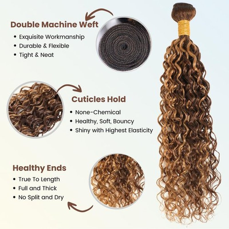 ALHER Honey Blonde Highlight Water Wave Bundles 22 Inch P4/27 Ombre Single Bundles Wet and Wavy Bundles Human Hair Highlight Brown Color 12A 100% Brazilian Virgin Remy Hair for Black Women