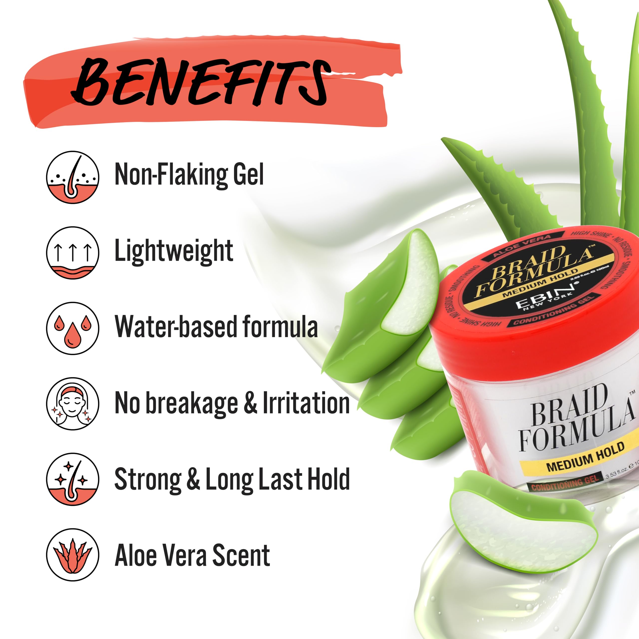 EBIN NEW YORK Braid Formula Conditioning Gel, Medium Hold, 6.35oz | Great for Braiding, Twisting, Edges, No Residue, No Flaking, Strong Hold, High Shine, Smoothing with Clean & Aloe Vera Scent