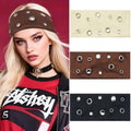 Mesovor 3 Pack Grommet Eyelet Headband for Women, Hollow Out Irregular Eyelets Elastic Wide Head Bands | Y2k Goth Punk Stretchy Hair Accessory (Irregular: Beige, Coffee, Black, 3.15" wide)