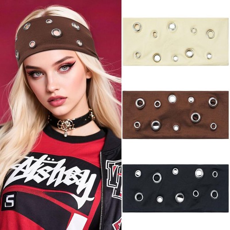 Mesovor 3 Pack Grommet Eyelet Headband for Women, Hollow Out Irregular Eyelets Elastic Wide Head Bands | Y2k Goth Punk Stretchy Hair Accessory (Irregular: Beige, Coffee, Black, 3.15" wide)