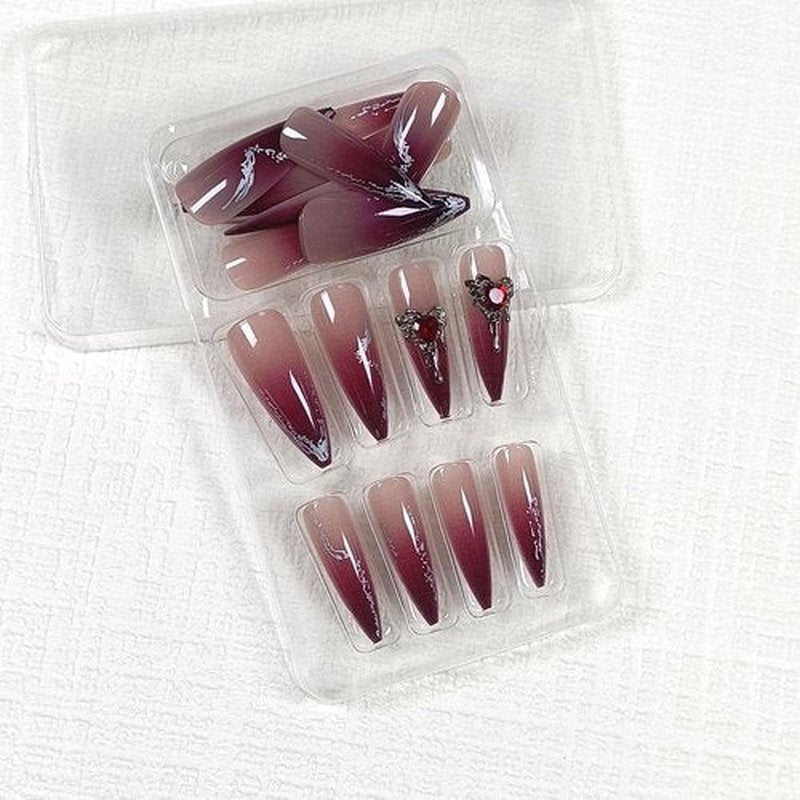 TENPAL Gothic Press on Nails Long Stiletto,Black Purple Glitter Ombre Fake Nails with 3D Gem Hearts,Gothic Edgy False Nails for Halloween Party,Reusable Full Manicure Kit 24Pcs Amethyst Vampire nails