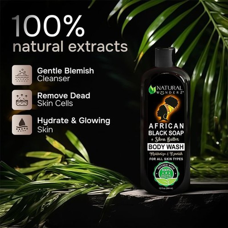 Natural Wunderz African Black Soap Body Wash, 12 oz – Sulfate‑Free, Vegan Cleanser with Shea Butter – Soothing, Detoxifying Shower Gel for Men & Women
