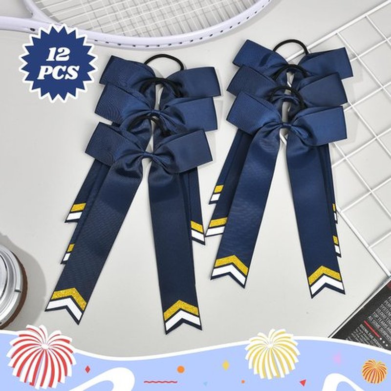 DEEKA 12PCS Collegiate Style Cheer Bows with Glitter Chevrons Tail Skinny College Cheerleader Ponytail Holder for Volleyball Softball Girls (Navy Blue/Gold/White)
