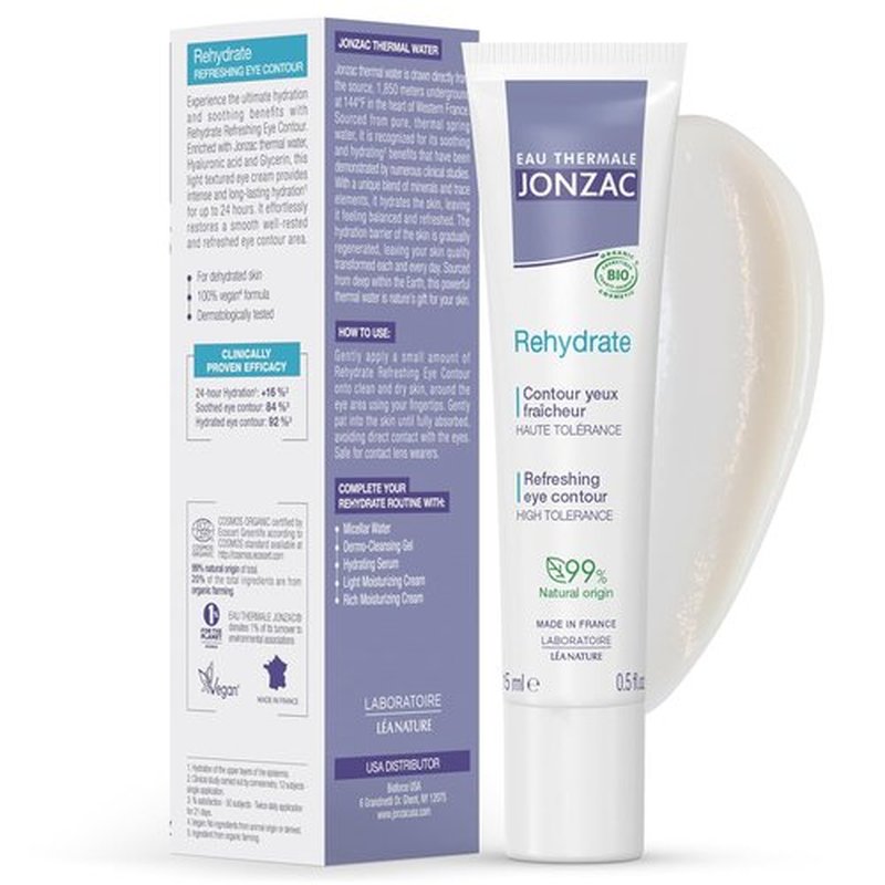 Eau Thermale Jonzac Rehydrate Eye Contour Cream - Soothing Hydration with Hyaluronic Acid for Dark Circles - 0.5 Fl Oz