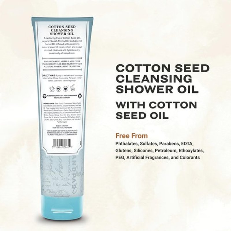 The Grandpa Soap Company Cotton Seed Cleansing Shower Oil - Hydrates Dry Seasonally-Stressed Skin, Nourishing and Moisturizing, With Cotton Seed Oil and Sweet Almond Oil, 9.5 Fl Oz., 2 Pack
