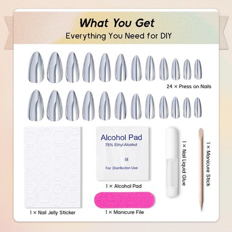 Qsnidy Chrome Press On Nails Almond, Metallic Sliver Mirrored Glue on Nails Medium Press Ons, Acrylic Natural Fit Stick on Nails in 12 Sizes - 24Pcs Fake Nail Kit for Women Daily & Party Wear