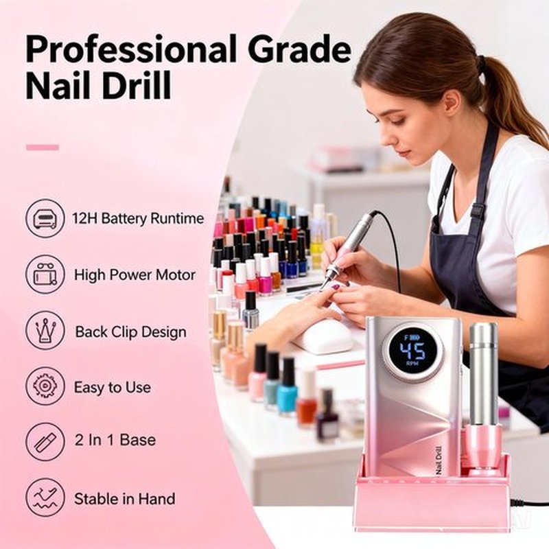Professional Electric Nail Drill, 45000 RPM Portable Rechargeable Nail FileMachine for Acrylic Nails, E-File Electric Nail File Kit with Battery & LCD Display (Pink-Gradient)